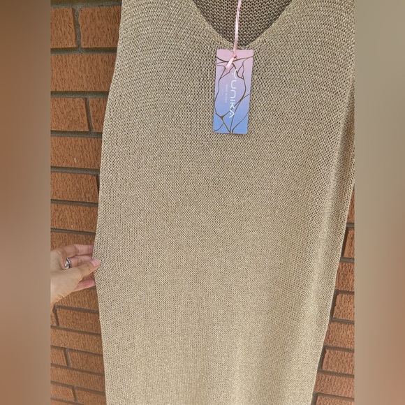 New NWT Yunika Gold Metallic Crochet Knit Beach Coverup Dress Midi Maxi - Picture 7 of 16